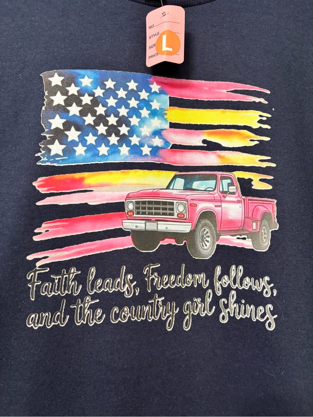 SPECIAL NEW' Navy Graphic Tee with Pink Truck and Flag size Large